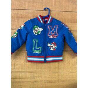 Super Mario Bros Nintendo Boys Blue Varsity Bomber Jacket Size 4 Luigi Yoshi